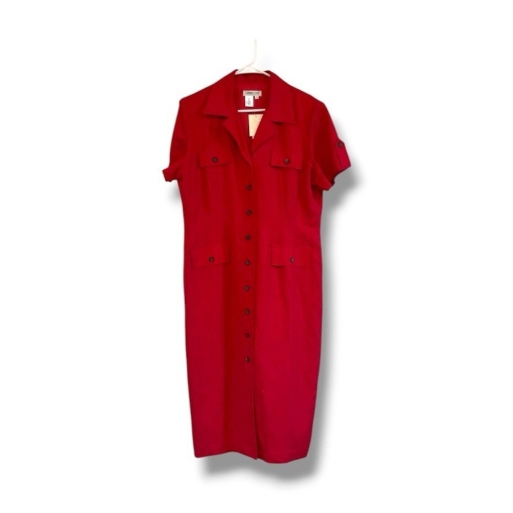 Coldwater Creek Red Short Sleeve Midi Linen Shirtdress Women's Size 16 P NWT